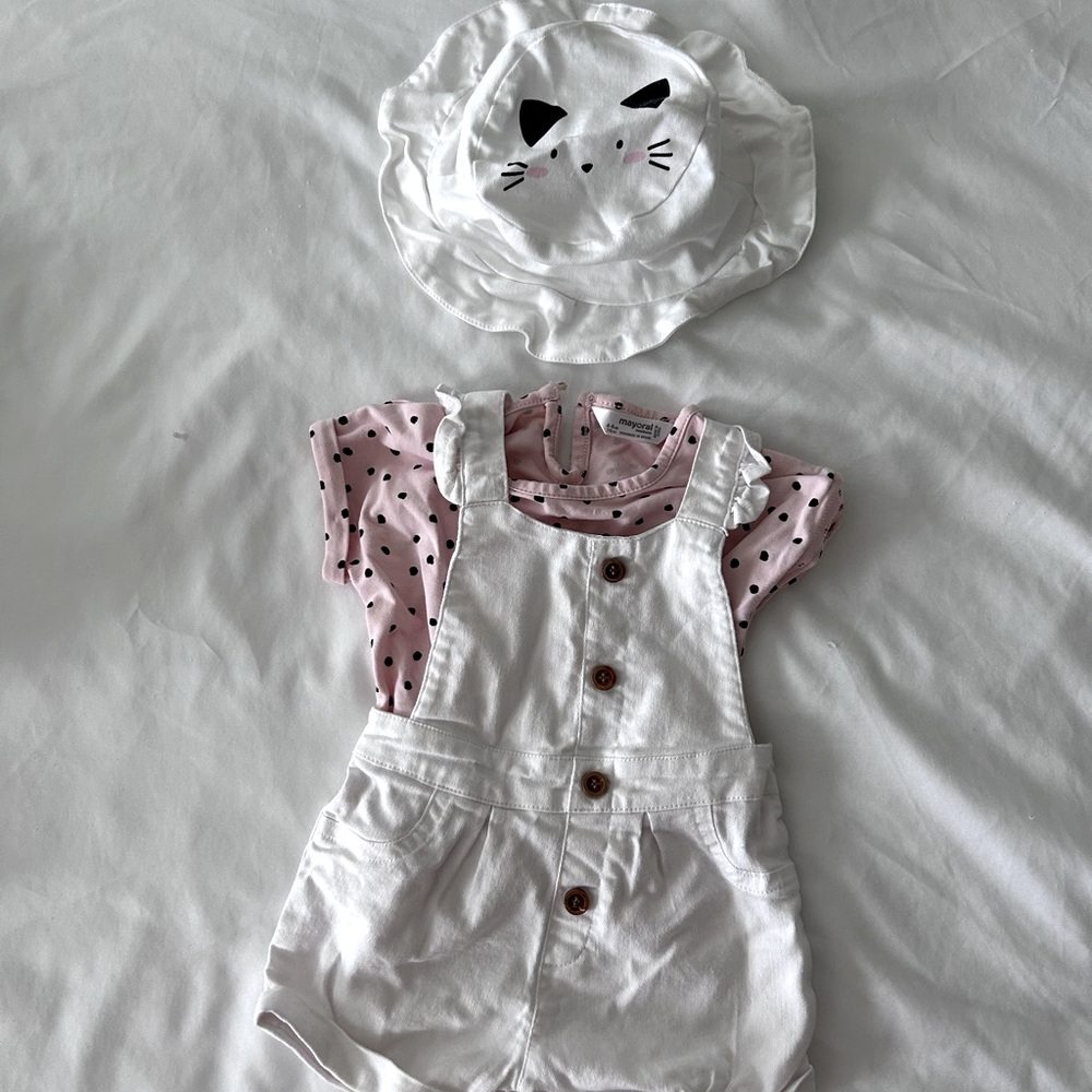 Mayoral Pink Polka Dot Shirt with White Overalls